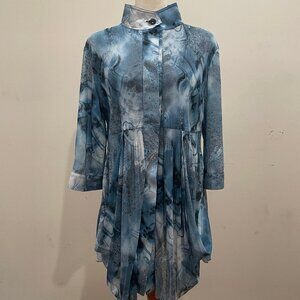 Lindi Blue Pleated Sheer Mesh Abstract Watercolor Print Button Up Tunic Top
